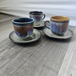 Gibson Multicolor Drip Glaze Espresso Cups with Saucers - Blue, Brown, Tan
